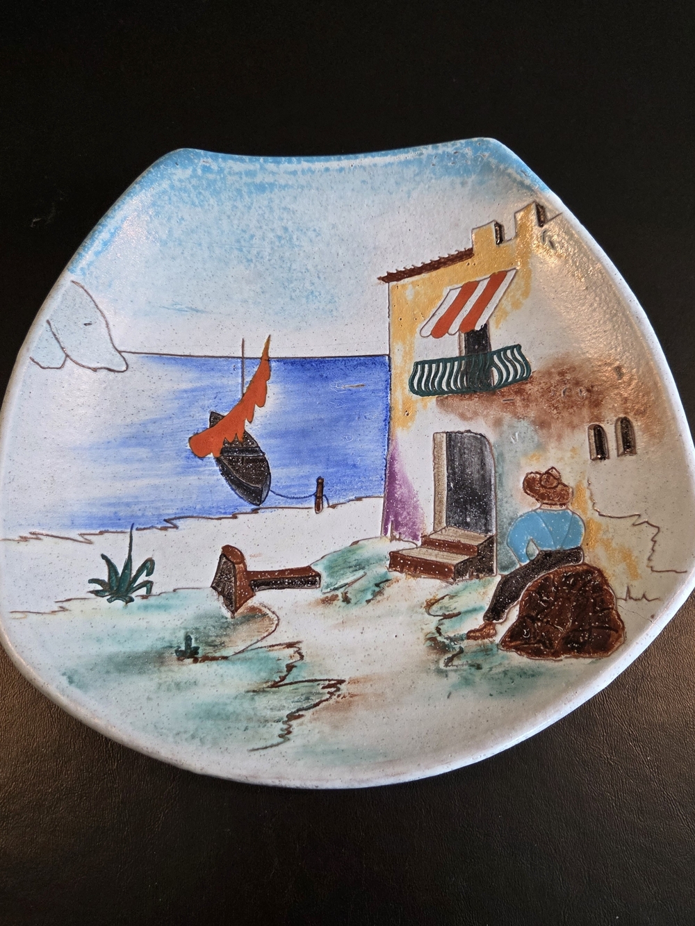 Vintage Hand Painted Ceramic Plate Mediterranean Coastal Scene Freeform Studio